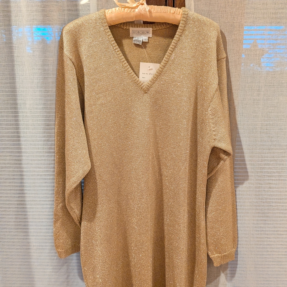 Horchow Shimmering Gold V-Neck Sweater Dress
